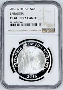 2016年 英国 イギリス ブリタニア ライオン 2ポンド 1オンス プルーフ 銀貨 NGC PF70 ULTRA CAMEO