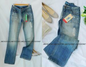 ★新品未使用【W26対応M】◆【Sacrad-Blue made in USA】美しくダメージ加工はCOTTONデニム★BLUE