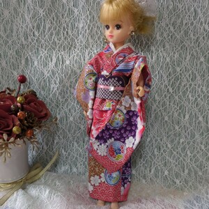 リカちゃんの着物★ハンドメイド★ラメ入り紫の着物・お洒落なビジュー付き帯・二点セット