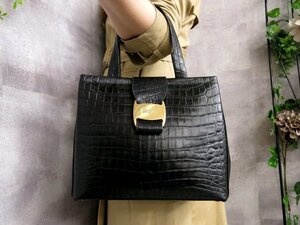 ●超美品●Salvatore Ferragamo フェラガモ●ヴァラ●クロコダイル 型押し レザー 本革●ハンド バッグ●黒●G金具●ヴィンテージ●Js44812