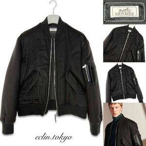 【E3833】未使用品 HERMES エルメス 2021AW ボンバー ダウン《最高級！超肉厚カシミア100%》レザー装飾 MA-1 コート ライダース ジャケット