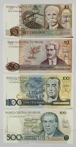 ●【新品】【未使用】ブラジル連邦共和国　10、50、100、500クルザード　紙幣　各1枚（計4枚）　1986年頃　ピン札　過去に発行された紙幣