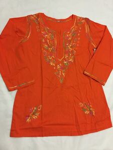 インド カシミール刺繍《手刺繍》カフタン風チュニック エスニック花柄 オレンジ