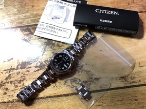 良品 付属品付 ソーラー CITIZEN シチズン wicca ウィッカ Eco-Drive E001 シルバー×ブラック カラーストーン レディース 腕時計