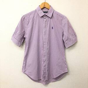 □RALPH LAUREN 半袖シャツ 4 紫×白 ストライプ ラルフローレン レディース ロゴ刺 綿100％ 複数落札同梱OK B230612-303●