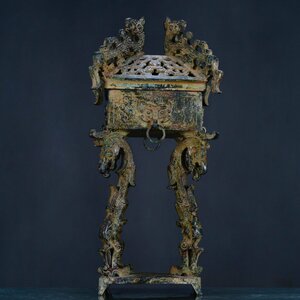 ◆古寳堂◆西周時期 青銅製 四龍熏香炉 置物 賞物 極細工 古置物 古擺件 中国古美術 時代物 古董品