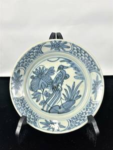 E168●青華花鳥草文皿 染付 青花 飾り皿 直径約17.3cm 重さ：約264g 現状品