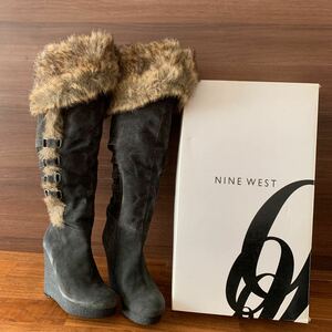 購入額1/9程★ SALE★ NINE WEST ナインウエスト ロングブーツ スウェード ニーハイブーツ ウェッジソール ダークグレー