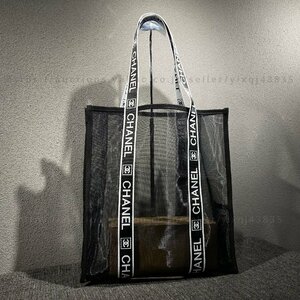 シャネル ノベルティ 非売品 CHANEL VIPギフト トートバッグ メッシュ プールバッグ アルファベット 刺しゅう ブランド レディース 黒