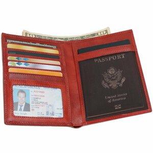 TIDING ブラッドレッド色 本革 メンズ 二つ折り財布 パスポートケース 牛革 オイルレザー 旅行用財布