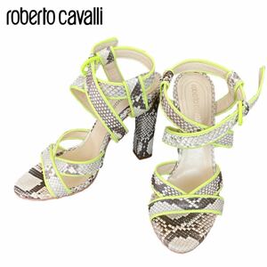 【美品】 roberto cavalli ロベルトカヴァリ サンダル ハイヒール RPS676 UC109 D0980 ベージュ グレー パイソン柄 サイズ36 23cm M 中古