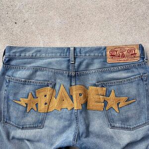 A BATHING APE BAPE STAR 刺繍デニムパンツ NIGO 初期 ヴィンテージ 加工 デニム アベイシングエイプ 鬼ヒゲ ハチノス チェーンステッチ90s