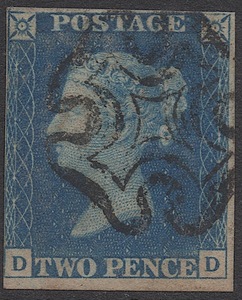 クラッシックイギリス切手・ヴィクトリア女王1840年２ペンスブルー「スコット＃２、D-D」マルタ十字、使用済み