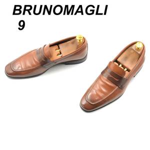 即決 BRUNOMAGLI ブルーノ マリ 27cm 9 メンズ レザーシューズ ローファー ハーフサドル 茶 ブラウン 革靴 皮靴 ビジネスシューズ