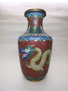 [大幸]　中国美術　唐物双龍画七宝焼花瓶　古い　時代有り　良品　古玩　置物　古銅　銅製　時代道具