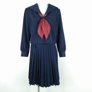 1円 セーラー服 スカート スカーフ 上下3点セット 165A 冬物 黒3本線 女子 学生服 中学 高校 ヒロミチナカノ 紺 制服 中古 ランクC NA5389