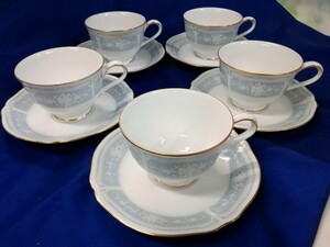 g_t T543 ★Noritake★ ノリタケ レースウッドゴールド N印 金彩 カップ＆ソーサー 5客 はな 花柄 洋食器 陶器