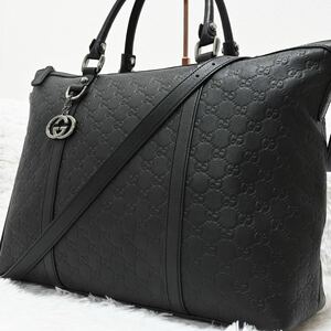 極美品 GUCCI グッチ 大容量 ハンドバッグ ショルダーバッグ 2way シマ オールレザー ブラック