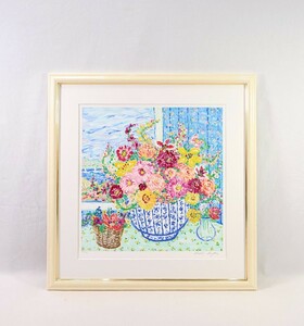 真作 レスリー・セイヤー 大判リトグラフ「Cheerful Bouquet」画寸 45.5cm×46cm 米女流作家 花の画家 心の赴くまま花の色を形を描く8255