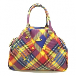 ヴィヴィアンウエストウッド VivienneWestwood ハンドバッグ - PVC(塩化ビニール) イエロー×オレンジ×マルチ チェック柄 バッグ