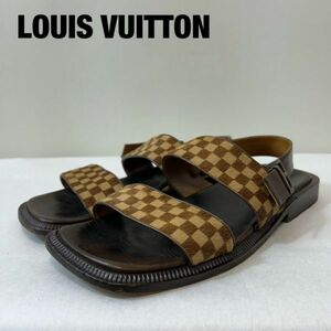 P0012★5 Louis Vuitton ルイヴィトン ハラコ ダミエ レザー 本革 ストラップ シャワーサンダル シューズ メンズ 靴 7 1/2