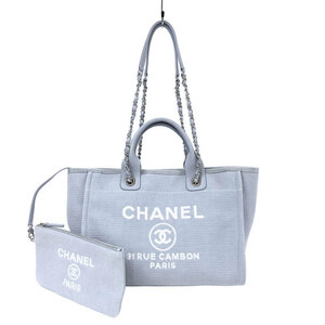 シャネル CHANEL ドーヴィル スモール ショッピングバッグ AS3257 ブルー ファブリック トートバッグ レディース 中古