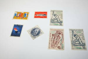 使用済み切手　消印入り　1964年　東京五輪切手計7枚　国内4枚(うち1枚は金額無しシール)　外国3枚