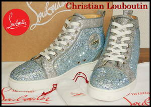 激レア Christian Louboutin 41 1/2 メンズ グリッター ストラス オールスワロ クリスチャンルブタン ハイカット レザー スニーカー ベルト