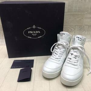 中古 プラダ PRADA ハイカット スニーカー シューズ 靴 36 約23.0cm ホワイト ロゴ 638 レディース