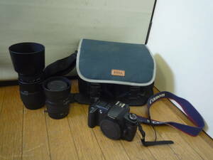 @中古 CANON キャノン EOS Kiss フィルムカメラ ブラックボディ 28-80mm 望遠レンズ 70-300mm バッグ付き まとめてセット ジャンク扱い