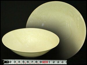 【銀閣】中国美術 白磁 草花鳥紋 碗 φ14.2cm 旧家蔵出(HA446)