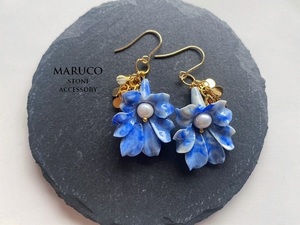 △MARUCO△PP400-351淡水パール+Majestic Blue FLOWER *天然石ピアス ステンレス【送料無料】*イヤリング+100円 樹脂ピアス+50円*　　