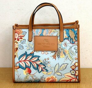 【新品同様】 ETRO エトロ フラワー柄 2WAY ハンドバッグ トートショルダー ライトブルー系×ブラウン系