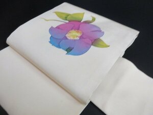 1円 良品 正絹 名古屋帯 和装 塩瀬 白 一輪の花 花柄 かわいい お太鼓柄 九寸帯 高級 長さ363cm【夢職】★★★