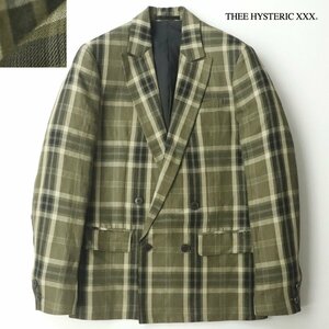 美品 THEE HYSTERIC XXX ヒステリック トリプルエックス リネン混 ダブルテーラードジャケット チェック柄 S 【相場価格￥69,300-】