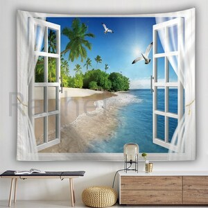 タペストリーE31　カモメ　窓景色　砂浜　ビーチ　ヤシの木　デコレーション　壁掛け　青空　デコレーション