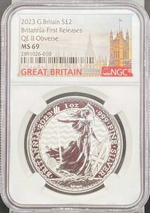 【破格の1円出品・凖最高鑑定補償】2023年英国2ポンド銀貨/MS69/NGC鑑定/ファーストリリース/毎年恒例の美しい女神の彫像が目を引くコイン