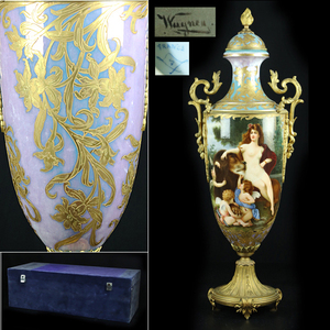 魁◆豪華大作！ 19世紀 フランス セーブル 手彩色 女性天使図 特大蓋付飾壷 高さ78㎝ オブジェ ブルーBOX付