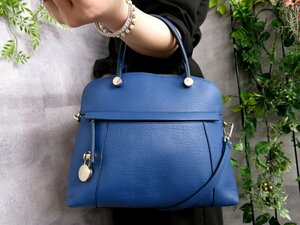 ●超美品●FURLA フルラ●パイパー●カーフ レザー 本革●2way ハンド バッグ●ブルー系●ゴールド金具●斜め掛け●収納 かばん●Js46052