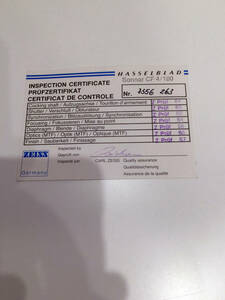 即決 Hasselblad INSPECTION CERTIFICATE CARD ハッセルブラッド品質検査証明書 Sonnar CF 4/180 