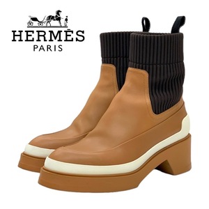 エルメス HERMES ブーツ ショートブーツ 靴 シューズ レザー ファブリック キャメル ブラウン ソックスブーツ