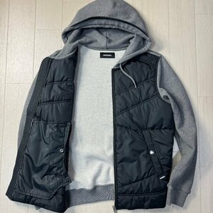 美品/M-L相当★ディーゼル/DIESEL ロゴプレート ナイロン切替 コンビ素材 ジップパーカー フーデットジャケット 裏起毛 中綿 メンズ グレー