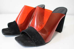 C692 本物 CELINE セリーヌ PVC クリア サンダル ヒール シューズ 靴 黒 赤 ブラック レッド スエード 35.5 約22.5cm 人気 フィービー