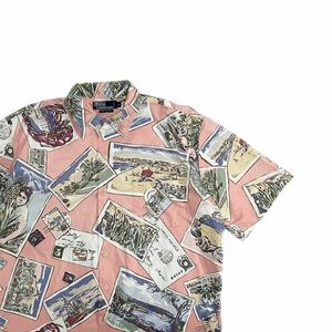 ポロ ラルフローレン 総柄シャツ 葉書柄 バミューダ ヴィンテージポロ アロハ フィッシング polo sportsman country L