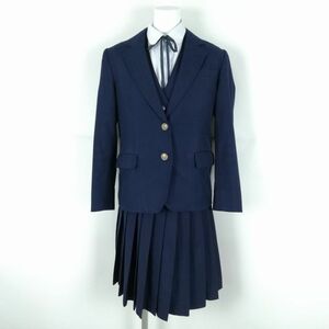 1円 ブレザー ベスト スカート 紐タイ 上下5点セット 指定 冬物 女子 学生服 島根安来高校 紺 制服 中古 ランクC NA1832