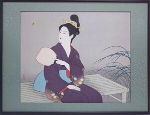 ▲真作 木版画▲日本画家巨匠【上村松園】「蛍 夏」モモセ版 152/300▲額装縦47cm横62cm作品縦39cm横46cm▲浮世絵 美人画 発送140