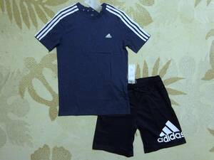 送料込み!!★新品★adidasアディダス★160★３ストライプ半袖Ｔシャツ(杢ネイビー)・ビッグロゴハーフパンツ(紺)★上下★即決