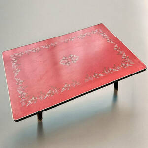 T858e 当時物 折りたたみテーブル 90*60cm 花柄 赤系 レトロポップ 昭和レトロ 古家具 