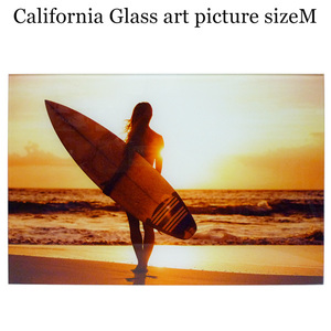 ガラス アート ピクチャー M－K (壁掛け) サンセット サーファーガール ビーチ 横幅40cm 海 ハワイ 西海岸風 インテリア アメリカン雑貨