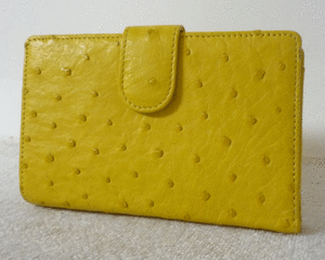 良品　オーストリッチ　イエロー　黄色　がま口　二つ折り　財布　ウォレット　レディース
